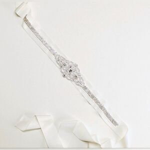 David's Bridal Grosgrain Sash W/Linear Rhinestone Beaded Design•S1058•Ivory•OS👰